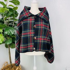 Vintage Plaid Black Green Cape Poncho